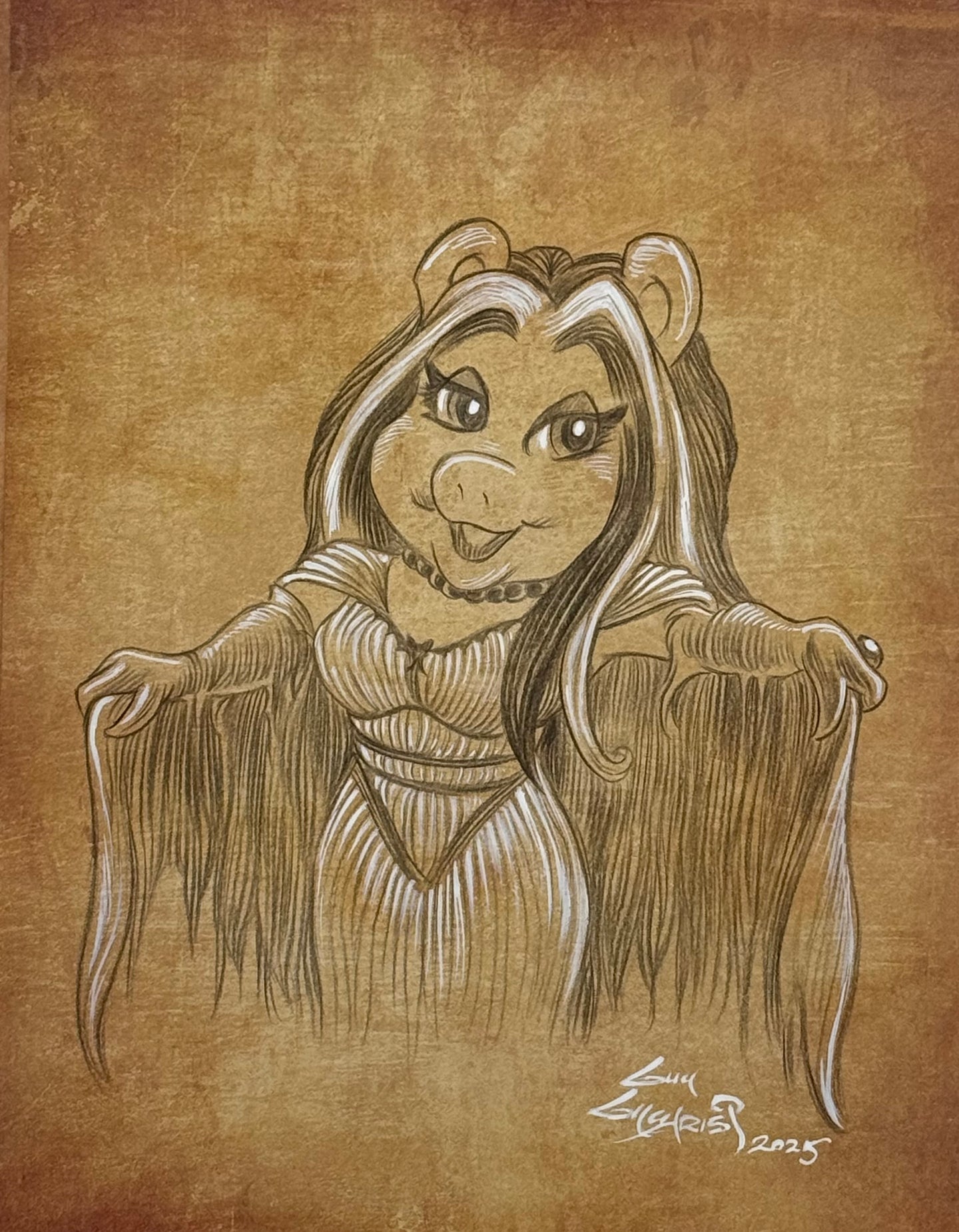 Miss Piggy Munster on Parchment Paper - Guy Gilchrist Original