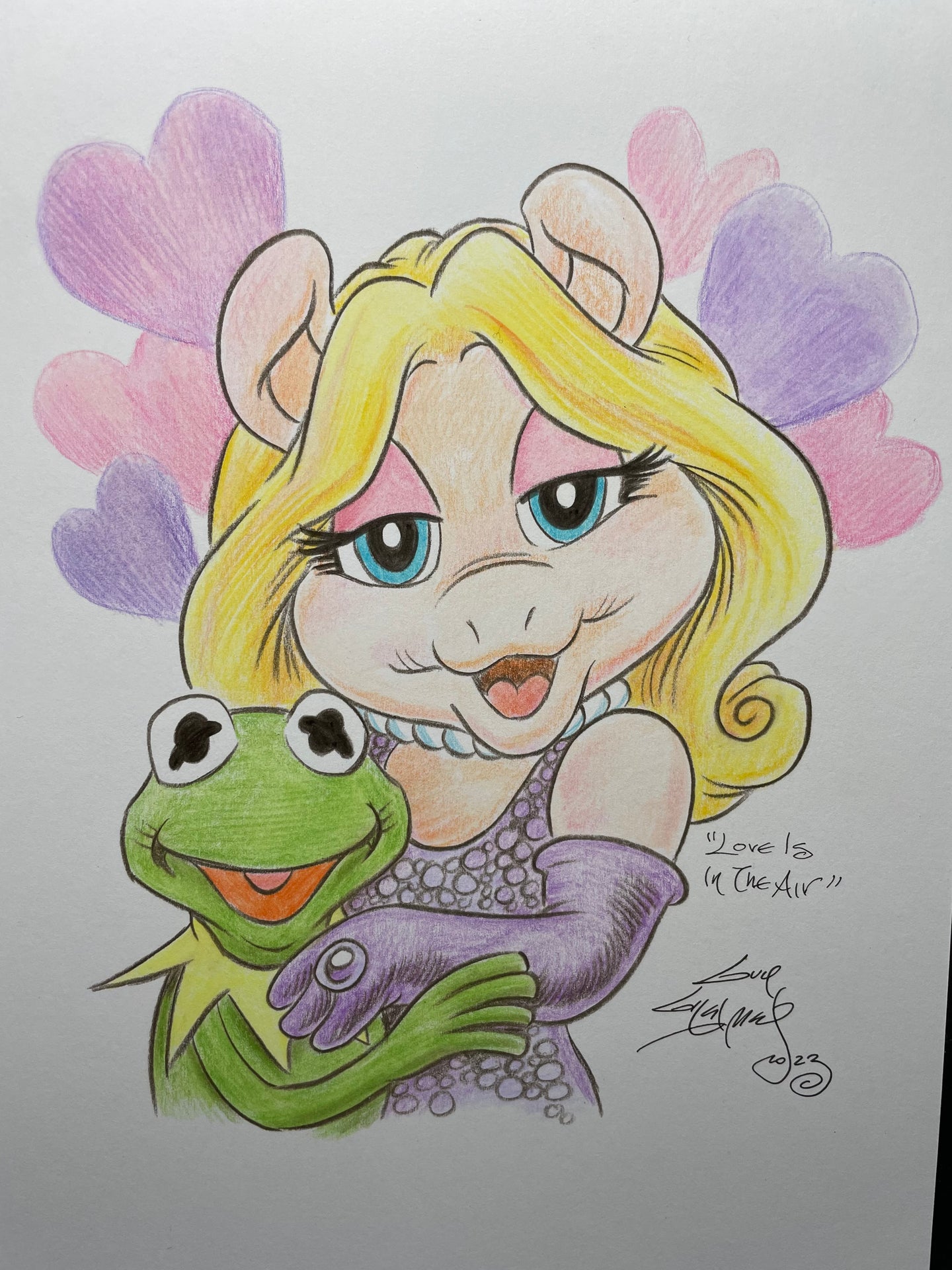 Miss Piggy and Kermit with Hearts Original Art 8.5x11 Sketch - Created by Guy Gilchrist