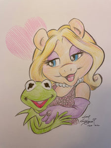 Original Guy Gilchrist Miss Piggy & Kermit the Frog Love 8.5x11 Colored Sketch